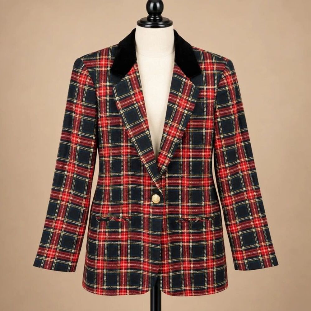 Vintage Plaid Wool Blend Blazer Velvet Collar Size 12